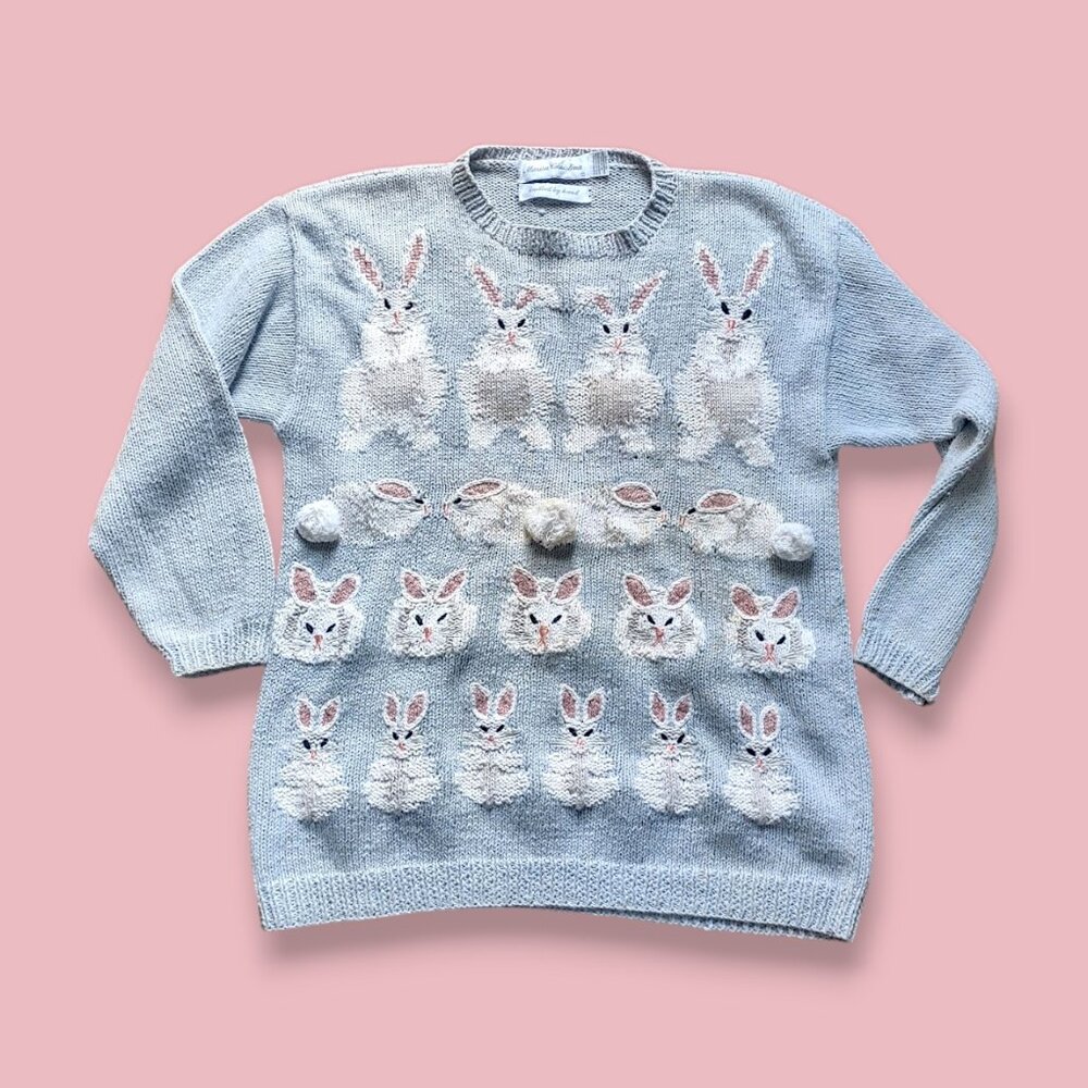 Marisa Cristina vintage made in Hong Kong rare pastel blue pink bunnies sweater